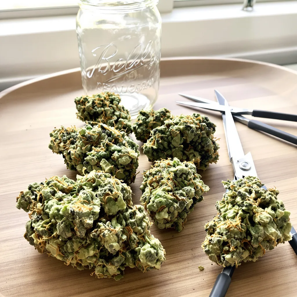 Berner's Cookies 25% indica / 75% sativa — fleur avec trichomes visibles