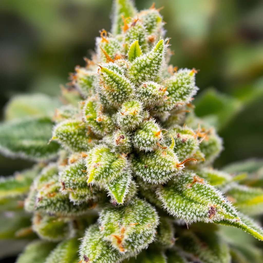 Gros plan de fleur de cannabis Berner's Cookies montrant structure aérée vert lime