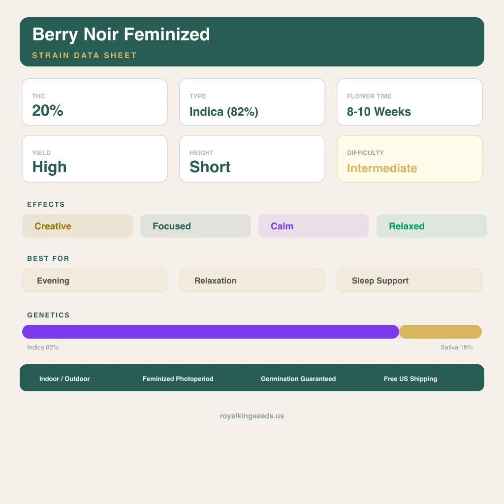 Berry Noir 82% indica / 18% sativa — fleur avec trichomes visibles