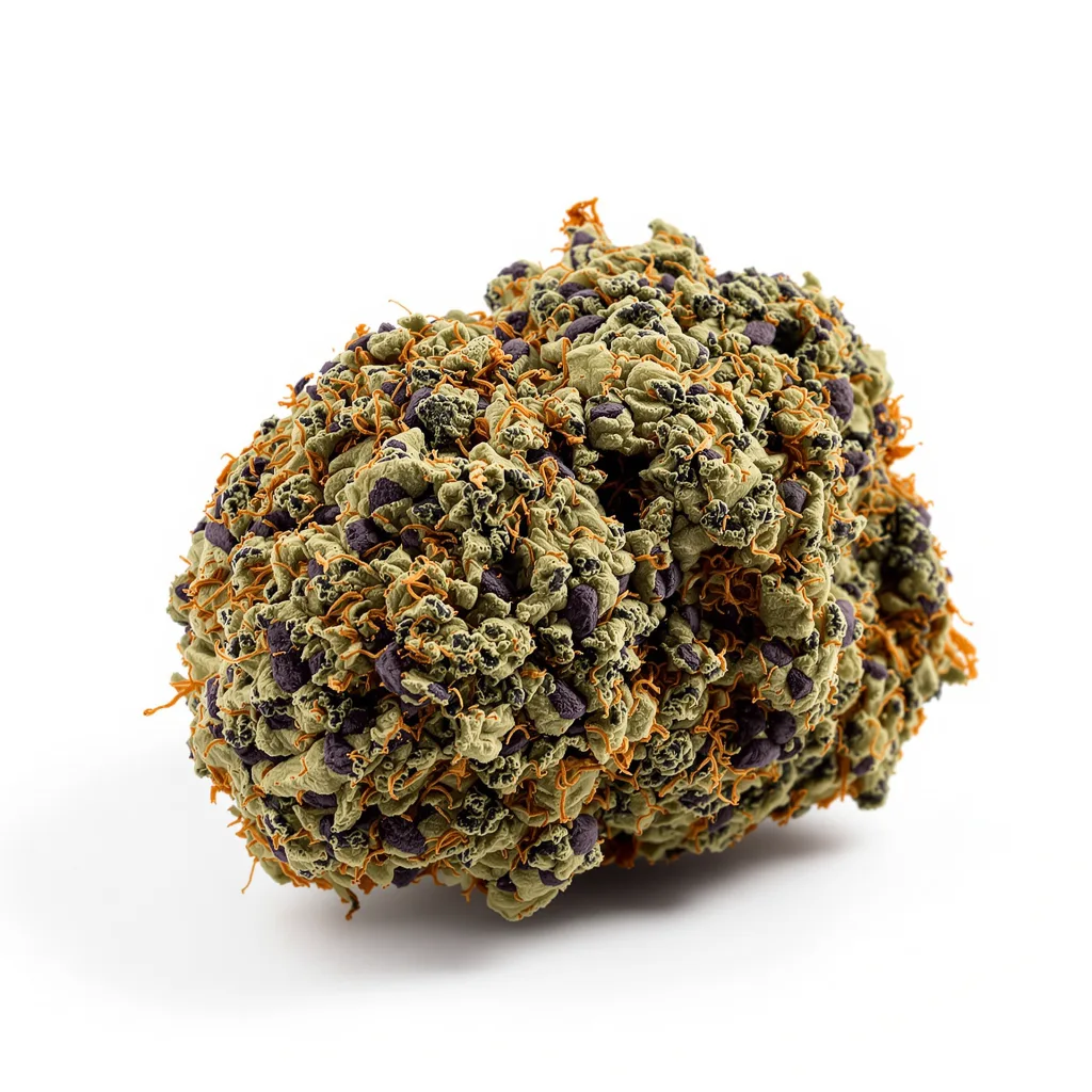 Berry White 73% indica / 27% sativa — fleur avec trichomes visibles
