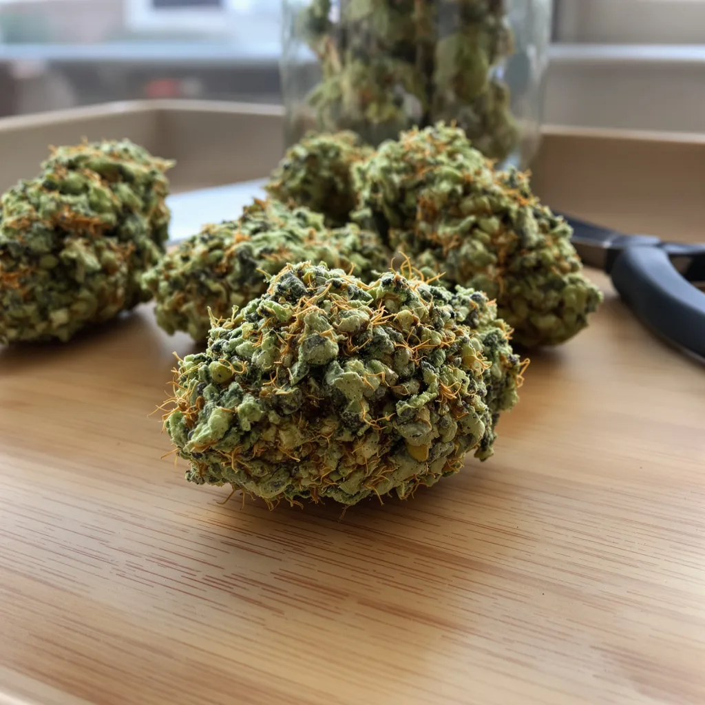 Bianca 14% indica / 86% sativa — fleur avec trichomes visibles