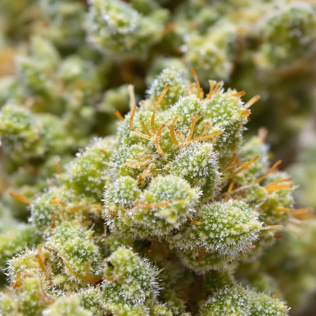 Gros plan de fleur de cannabis Bianca montrant structure aérée vert lime