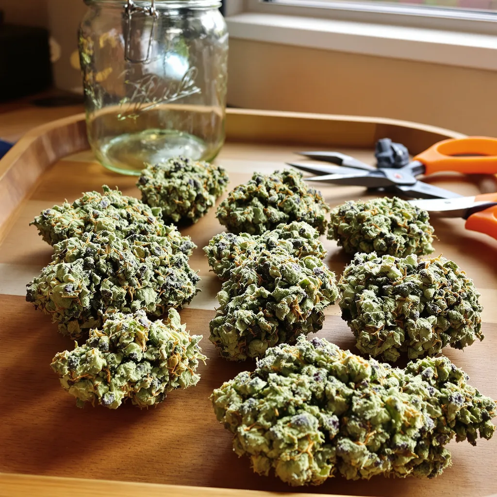 Biddy Early 63% indica / 37% sativa — fleur avec trichomes visibles