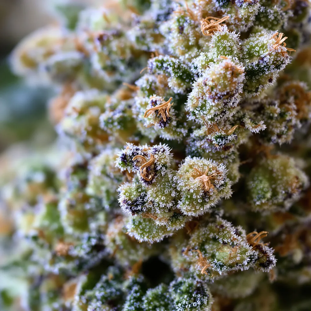 Gros plan de fleur de cannabis Big Band montrant structure ouverte avec pistils orangés