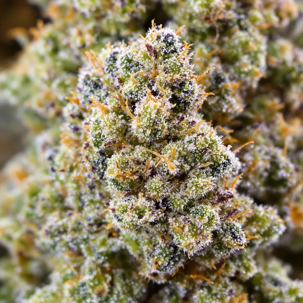 Gros plan de fleur de cannabis Big Bang montrant structure équilibrée avec trichomes givrés