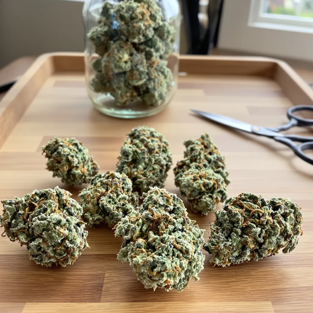 Big Blue 56% indica / 44% sativa — fleur avec trichomes visibles