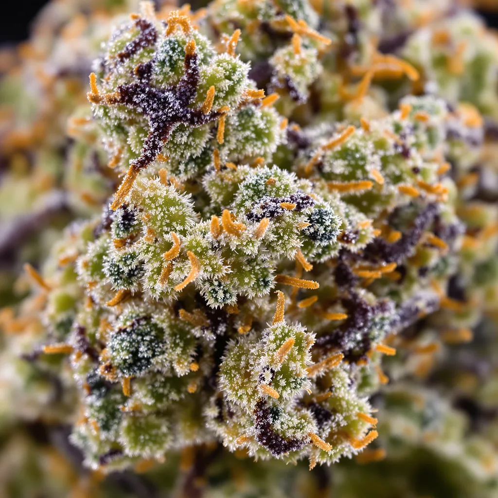 Gros plan de fleur de cannabis Big Blue montrant structure équilibrée avec trichomes givrés