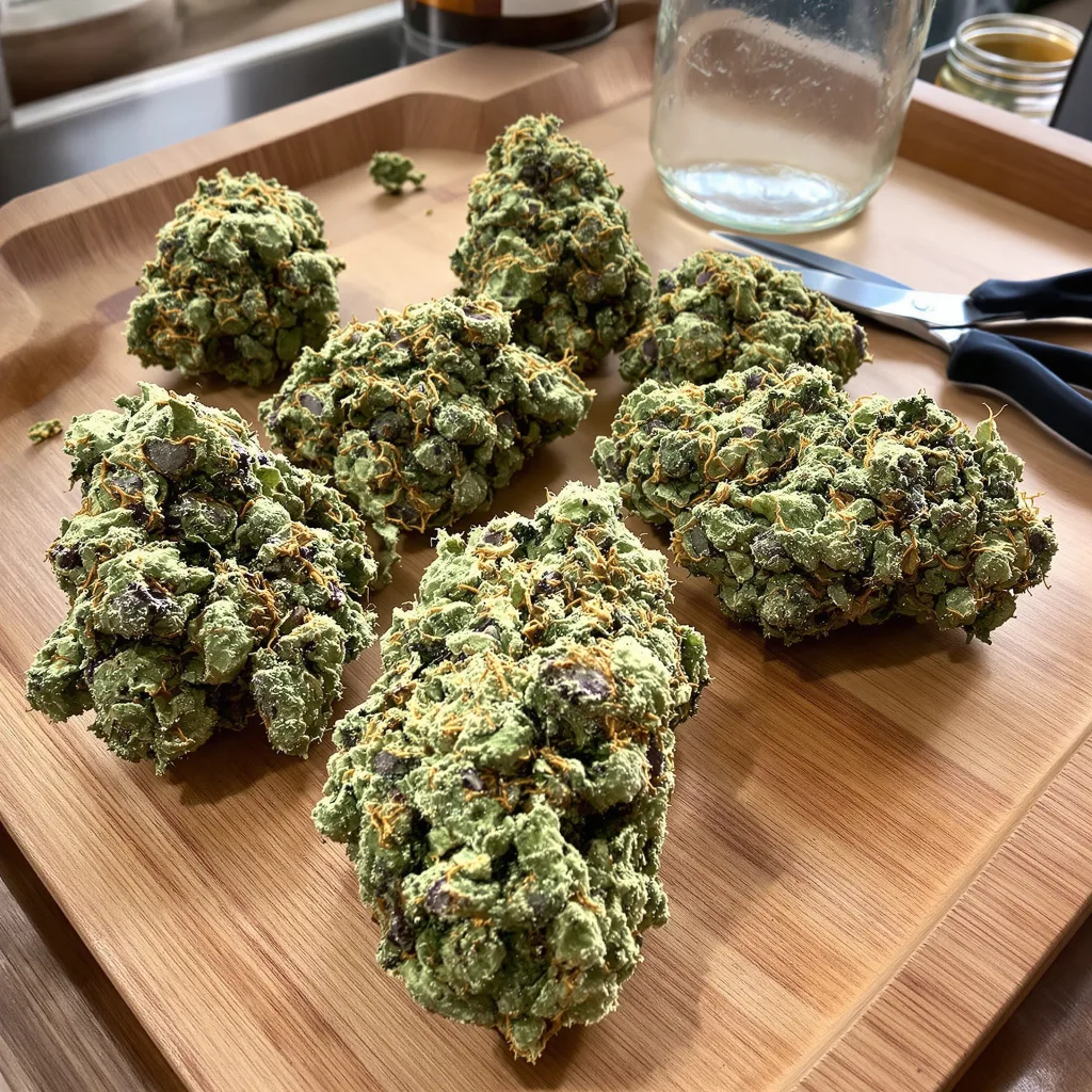 Big Blue 56% indica / 44% sativa — fleur avec trichomes visibles