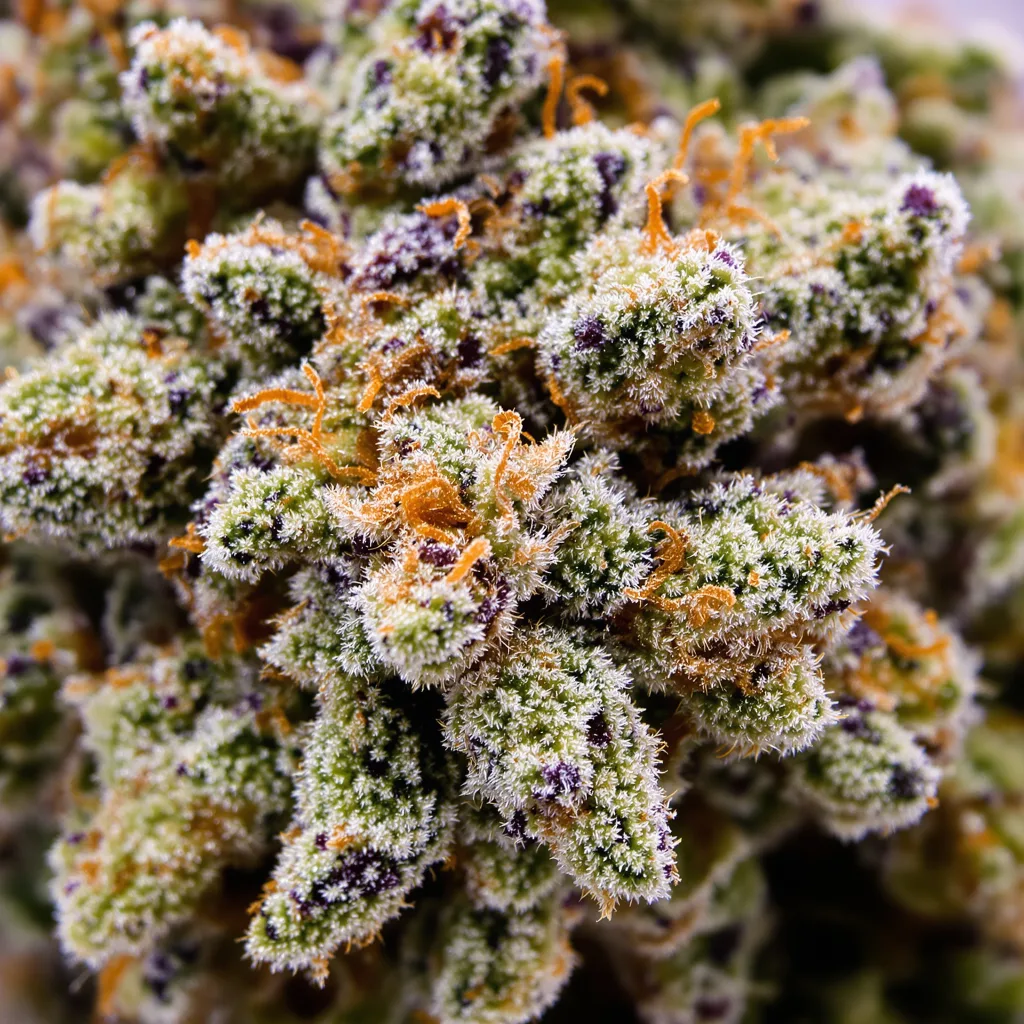 Gros plan de fleur de cannabis Big Blue montrant structure équilibrée avec trichomes givrés