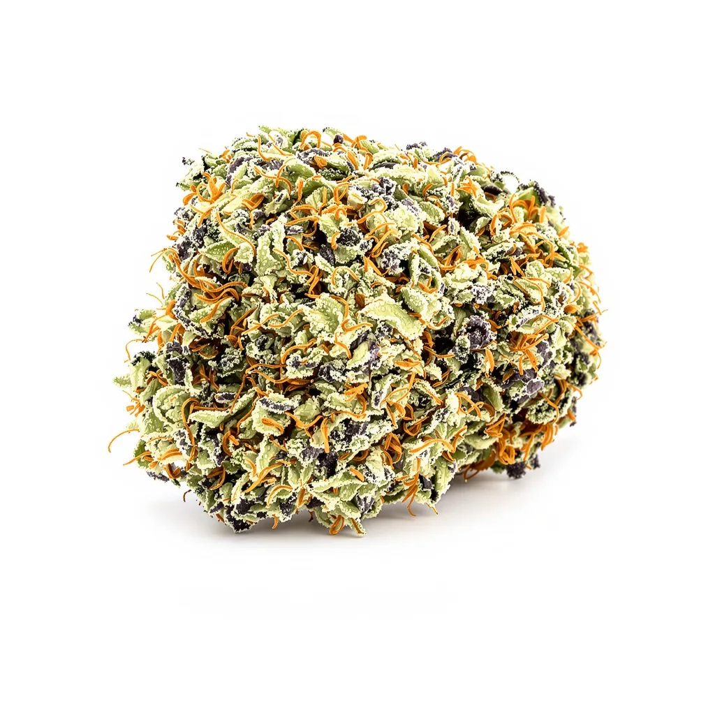 Big Blue 56% indica / 44% sativa — fleur avec trichomes visibles