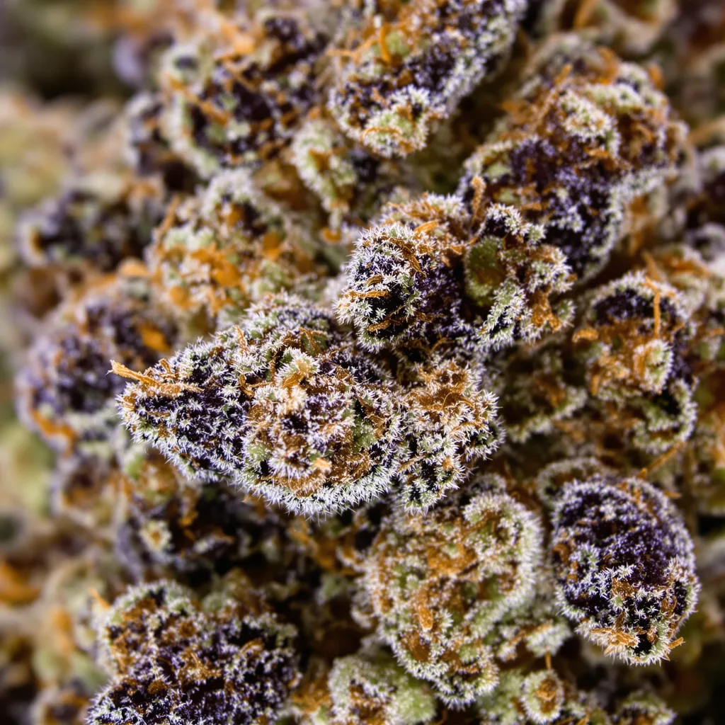 Gros plan de fleur de cannabis Big Bud montrant calices denses aux reflets violets