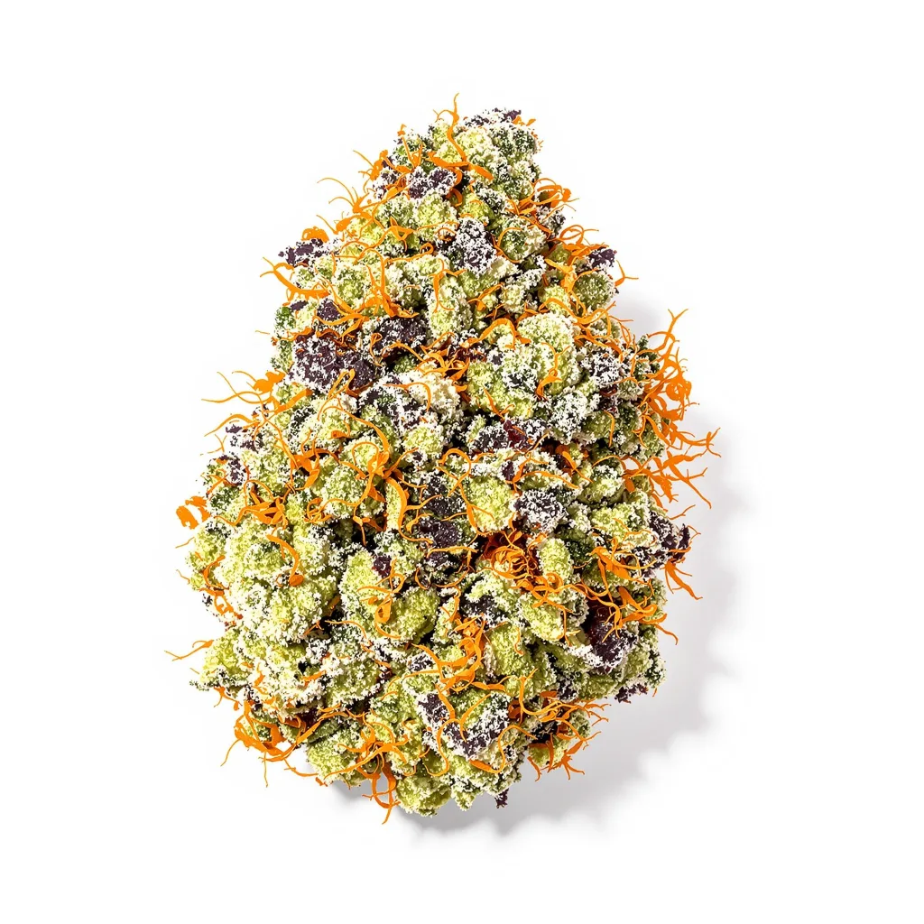 Big Buddha Cheese 60% indica / 40% sativa — fleur avec trichomes visibles