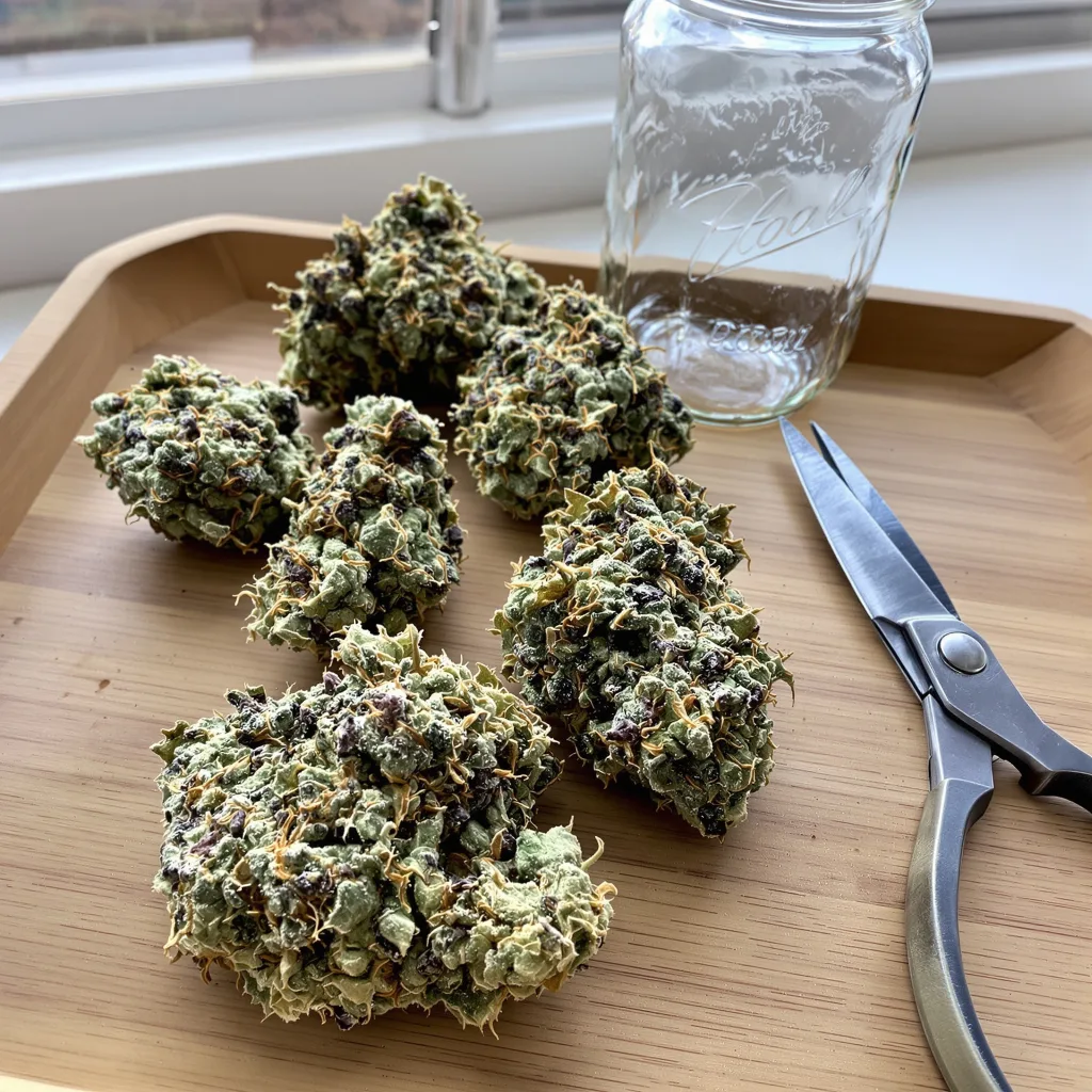 Big Buddha Cheese 60% indica / 40% sativa — fleur avec trichomes visibles