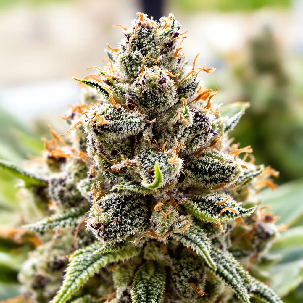 Gros plan de fleur de cannabis Big Buddha Cheese montrant nugs denses vert forêt