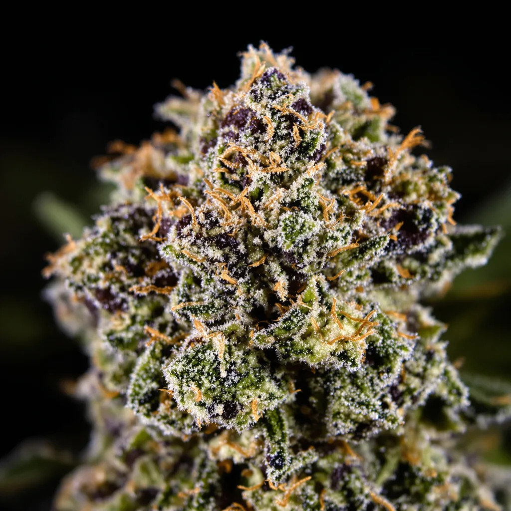 Gros plan de fleur de cannabis Big Cheese montrant calices denses aux reflets violets