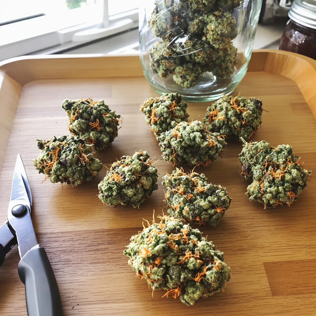 Big Devil 44% indica / 56% sativa — fleur avec trichomes visibles
