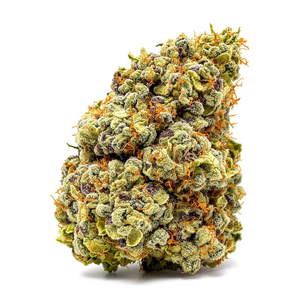 Big Devil 44% indica / 56% sativa — fleur avec trichomes visibles
