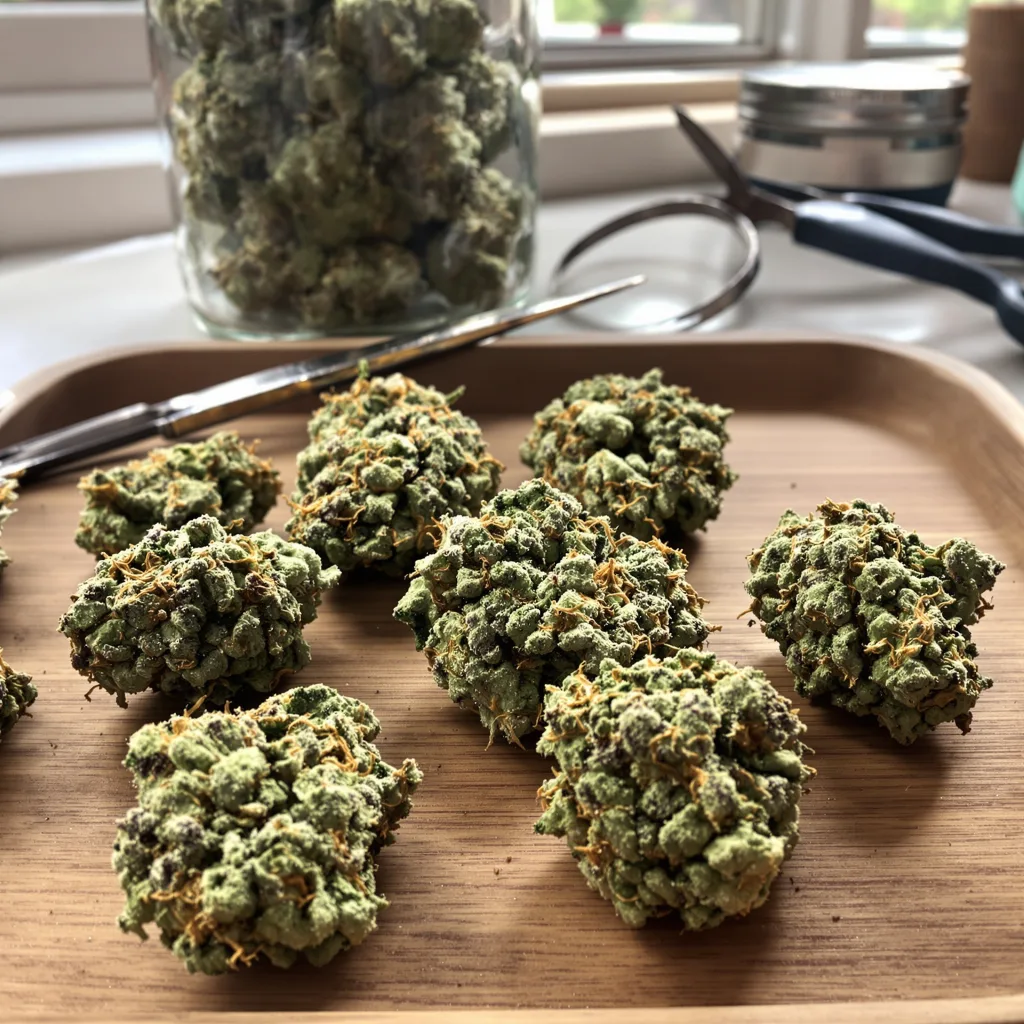 Big Devil 44% indica / 56% sativa — fleur avec trichomes visibles