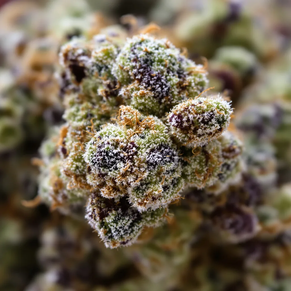 Gros plan de fleur de cannabis Big Kush montrant structure ouverte avec pistils orangés