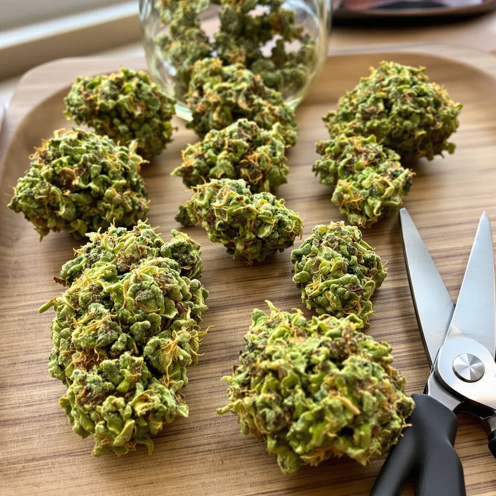 Big Sticky 19% indica / 81% sativa — fleur avec trichomes visibles