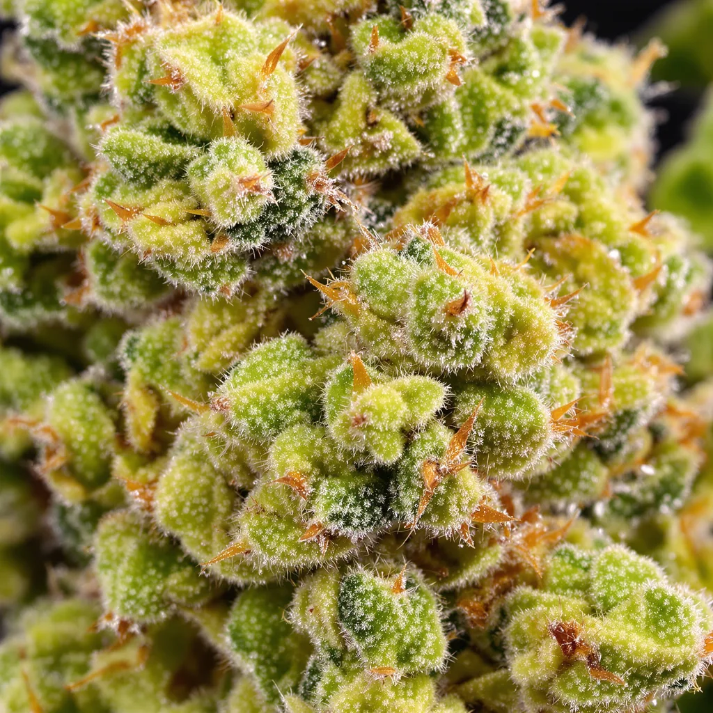 Gros plan de fleur de cannabis Big Sticky montrant structure aérée vert lime