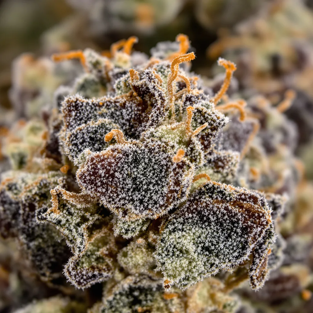 Gros plan de fleur de cannabis Biochem montrant calices denses aux reflets violets