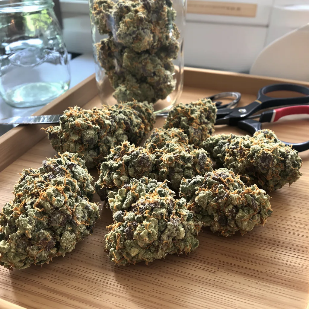 Birthday Cake Kush 60% indica / 40% sativa — fleur avec trichomes visibles