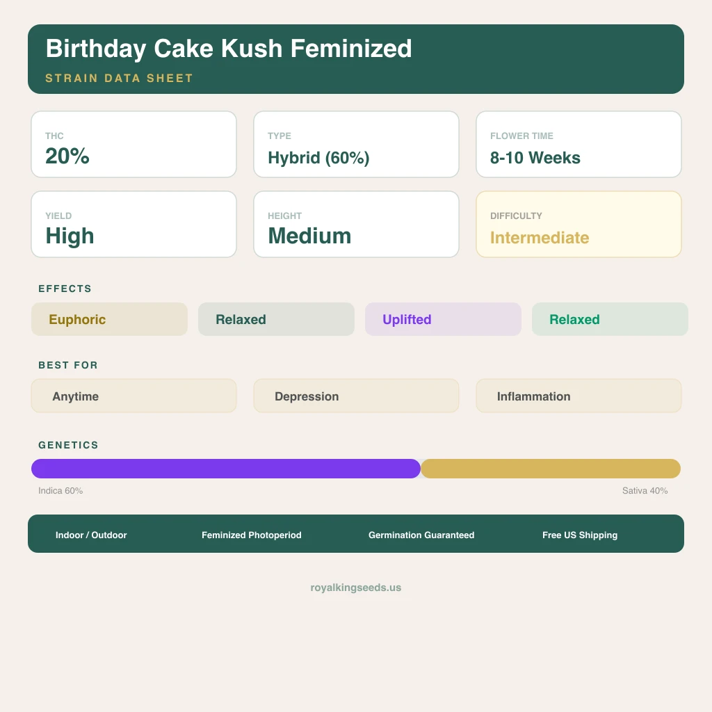 Birthday Cake Kush 60% indica / 40% sativa — fleur avec trichomes visibles