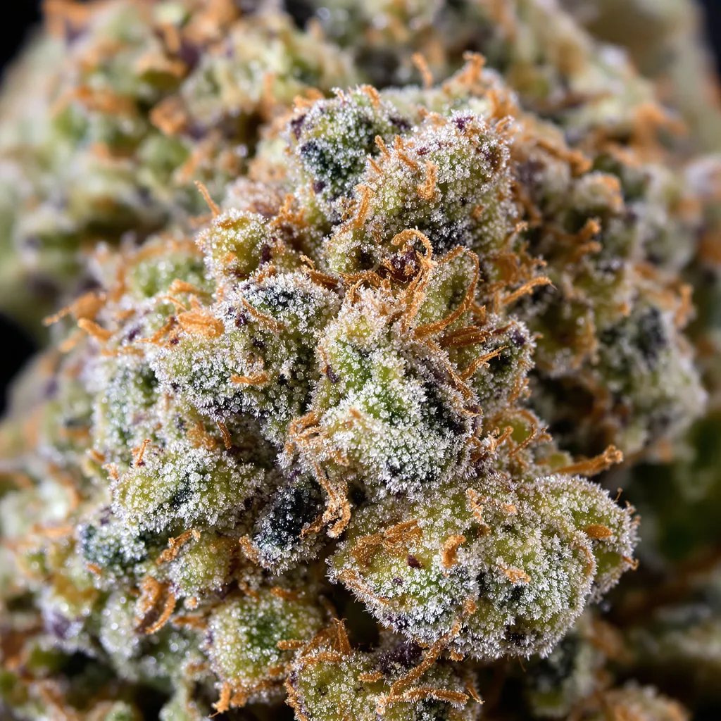 Gros plan de fleur de cannabis Birthday Cake Kush montrant nugs denses vert forêt