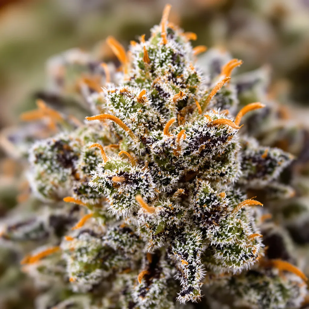 Gros plan de fleur de cannabis Biscotti montrant calices denses aux reflets violets
