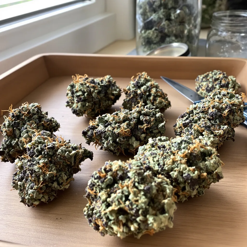 Black 84 86% indica / 14% sativa — fleur avec trichomes visibles