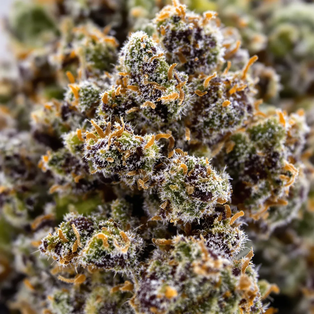 Gros plan de fleur de cannabis Black 84 montrant calices denses aux reflets violets