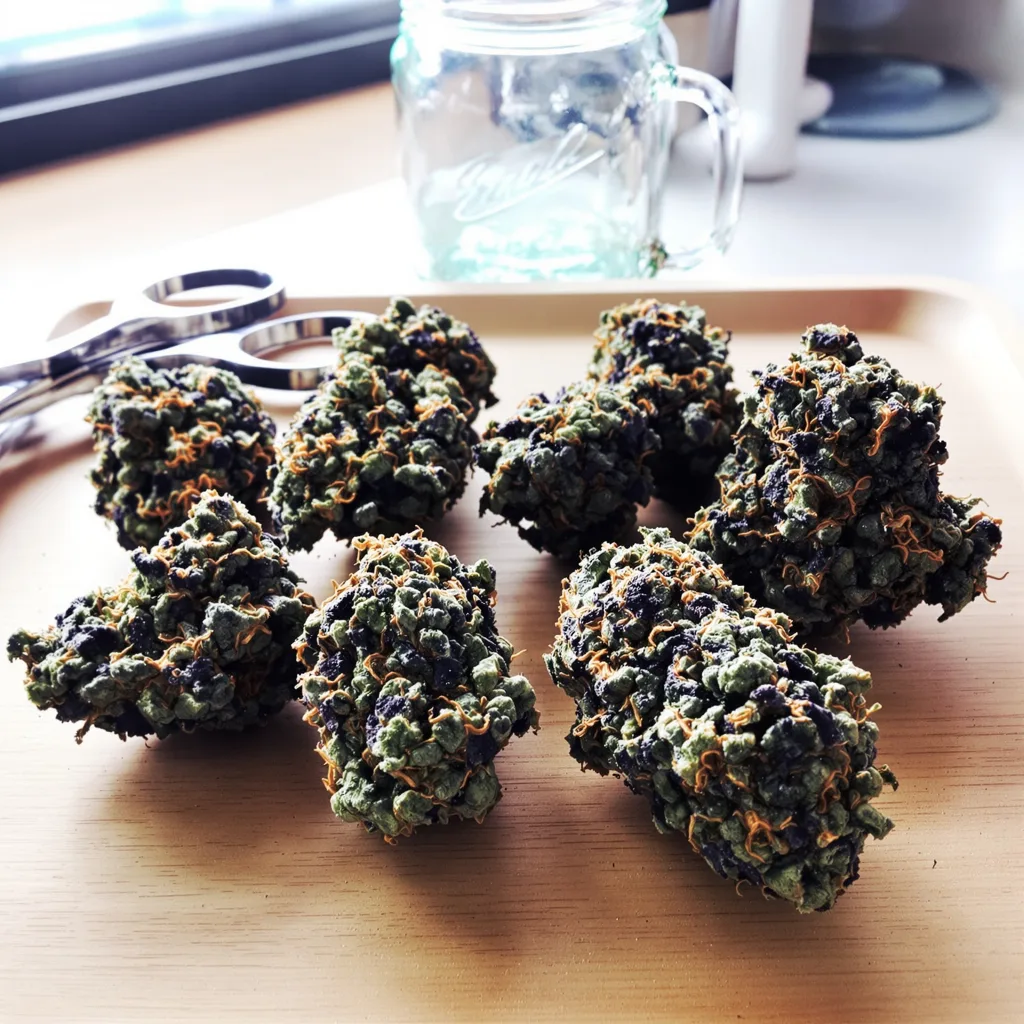 Black Afghan 81% indica / 19% sativa — fleur avec trichomes visibles