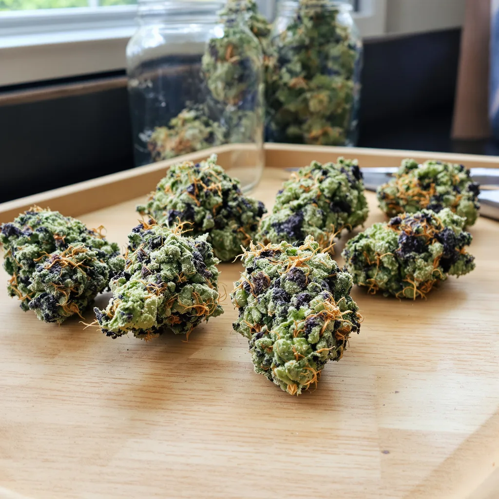 Black Betty 47% indica / 53% sativa — fleur avec trichomes visibles