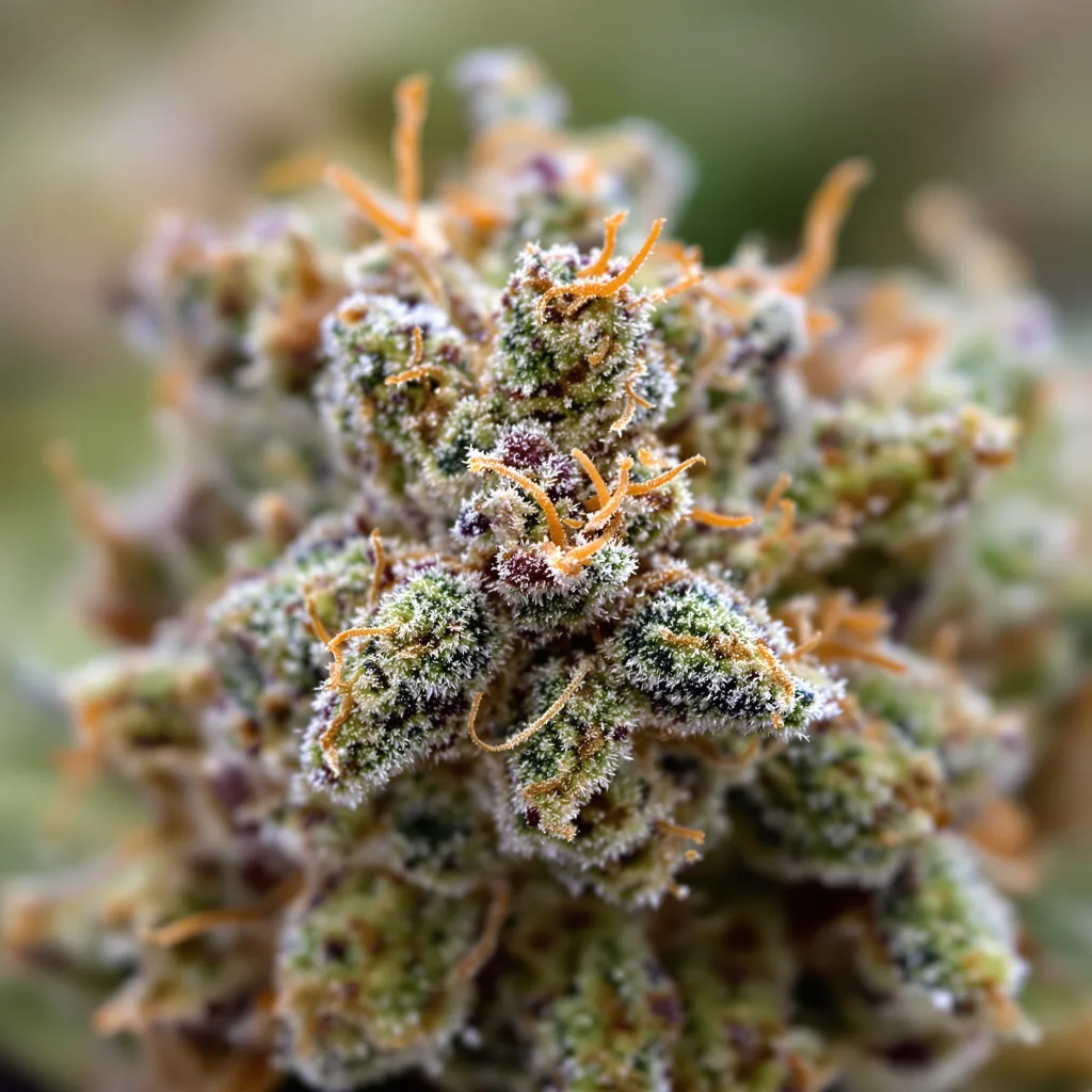 Gros plan de fleur de cannabis Black Betty montrant structure équilibrée avec trichomes givrés