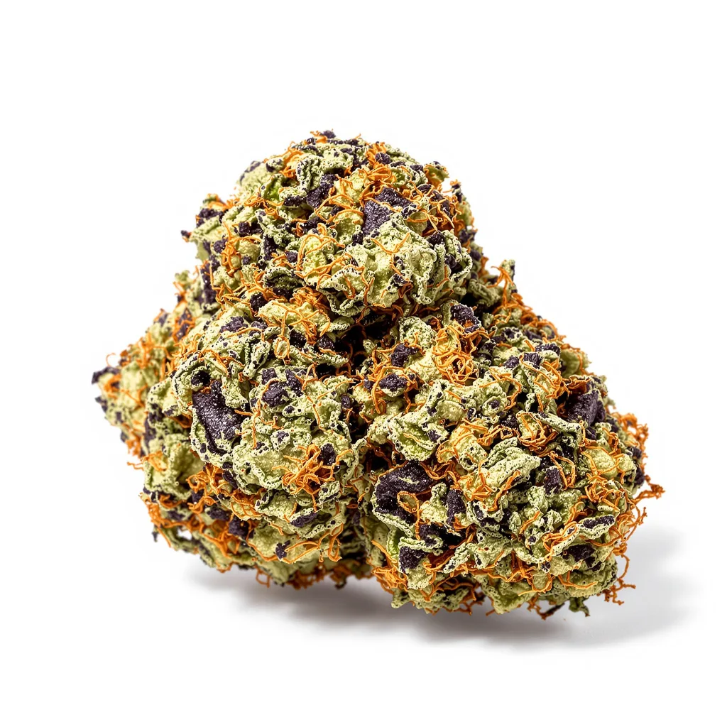 Black Bubba 69% indica / 31% sativa — fleur avec trichomes visibles