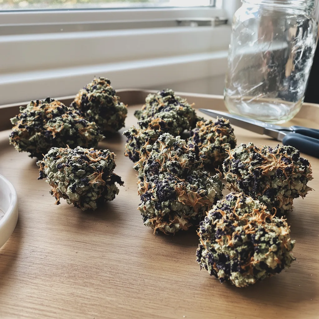 Black Bubba 69% indica / 31% sativa — fleur avec trichomes visibles