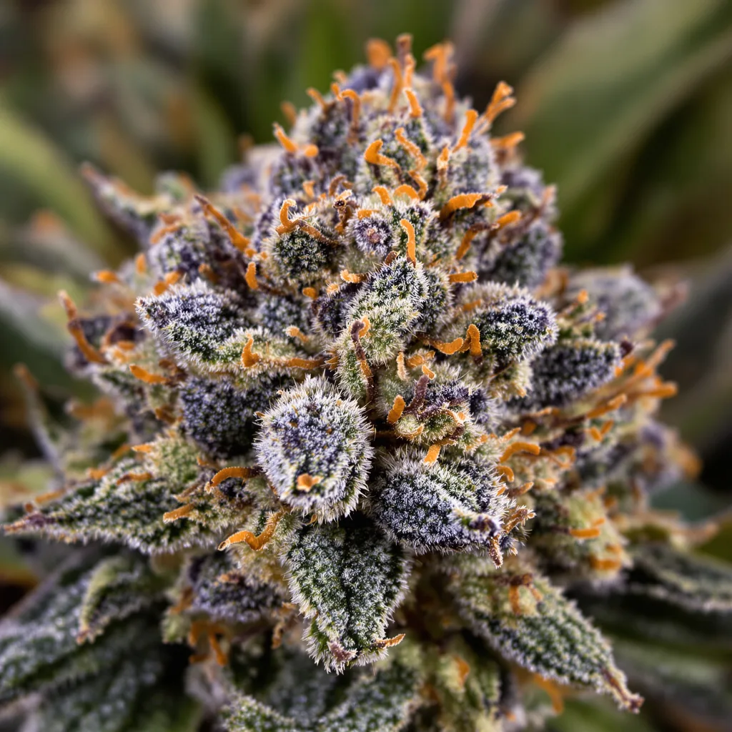 Gros plan de fleur de cannabis Black Bubba montrant calices denses aux reflets violets