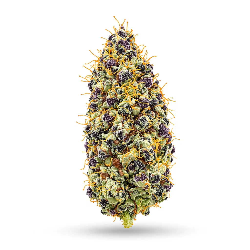 Black Bubba 69% indica / 31% sativa — fleur avec trichomes visibles