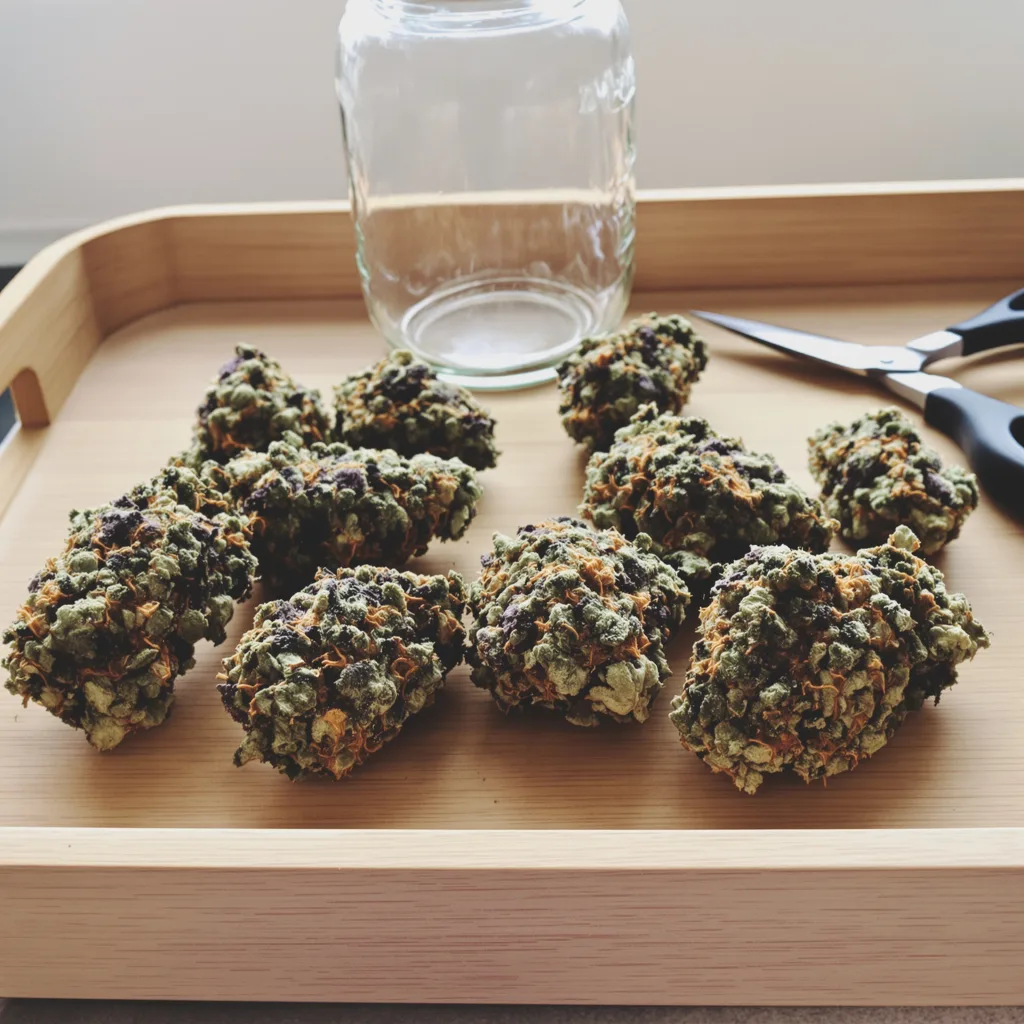 Black Cherry 79% indica / 21% sativa — fleur avec trichomes visibles