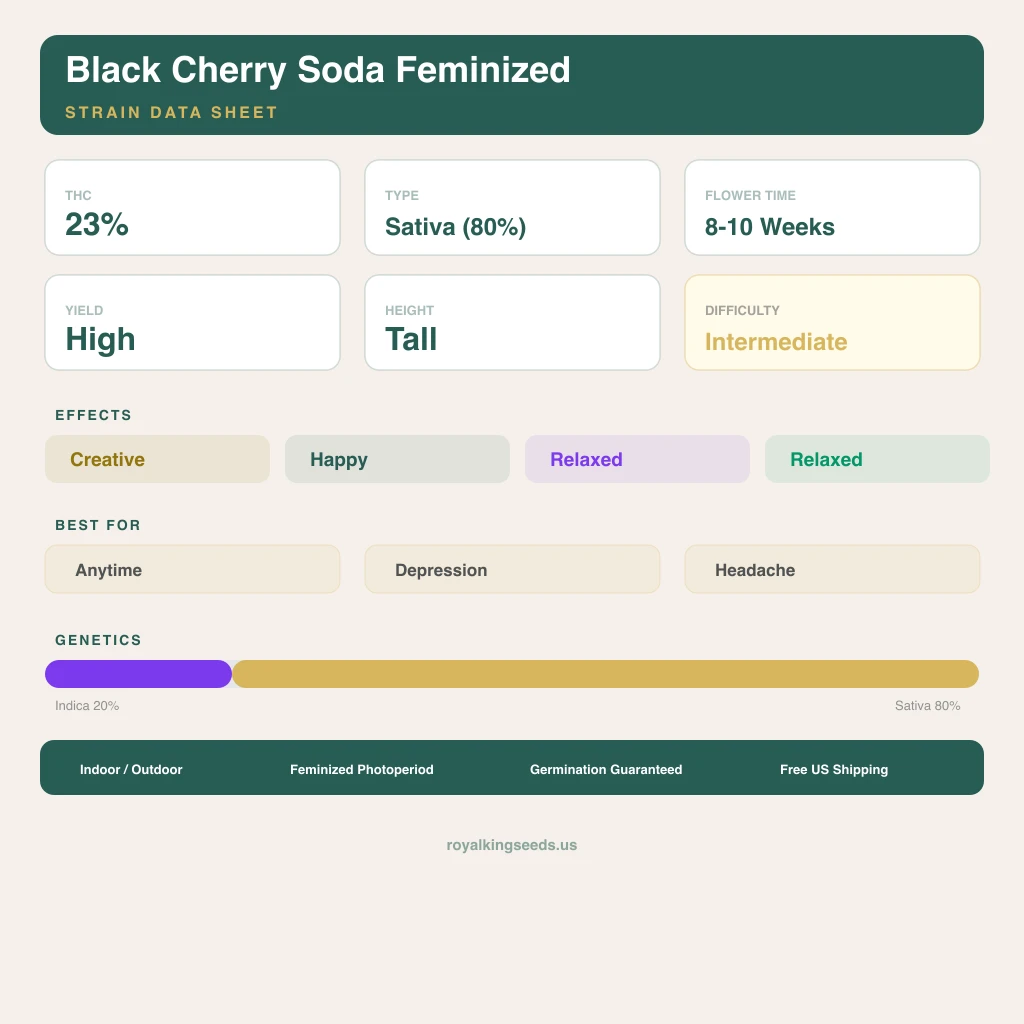 Black Cherry Soda 20% indica / 80% sativa — fleur avec trichomes visibles