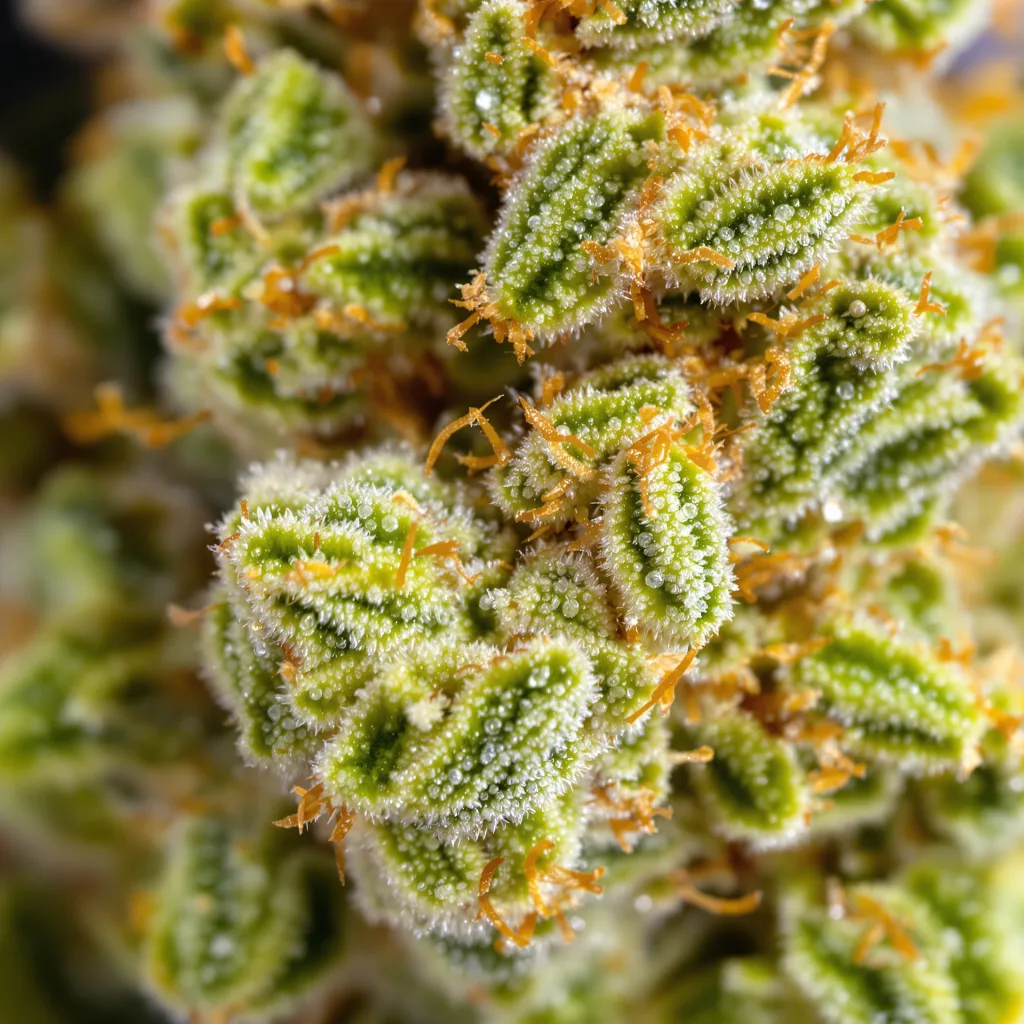Gros plan de fleur de cannabis Black Cherry Soda montrant structure aérée vert lime