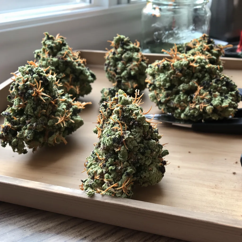 Black Diamond 53% indica / 47% sativa — fleur avec trichomes visibles