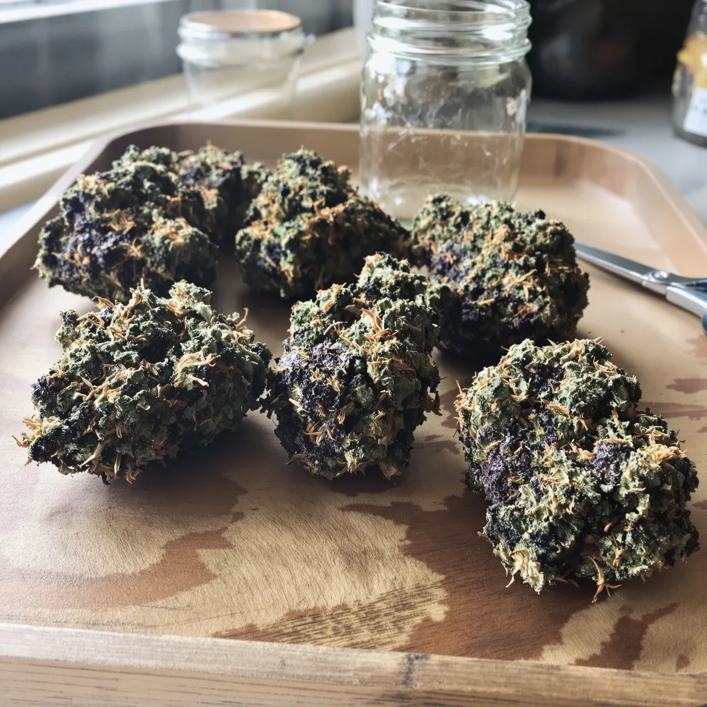Black Domina 65% indica / 35% sativa — fleur avec trichomes visibles