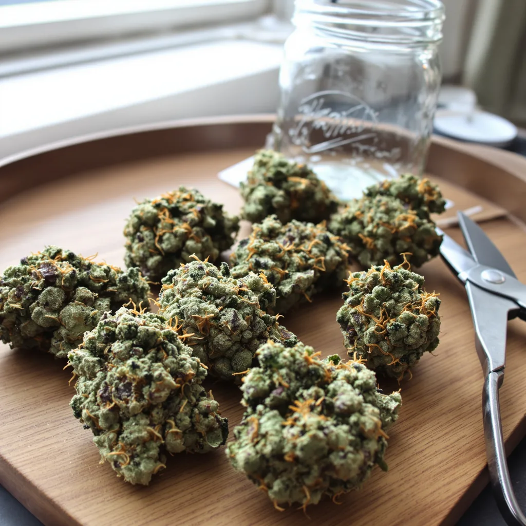 Black Russian 56% indica / 44% sativa — fleur avec trichomes visibles