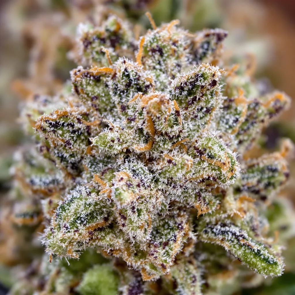 Gros plan de fleur de cannabis Black Russian montrant structure équilibrée avec trichomes givrés