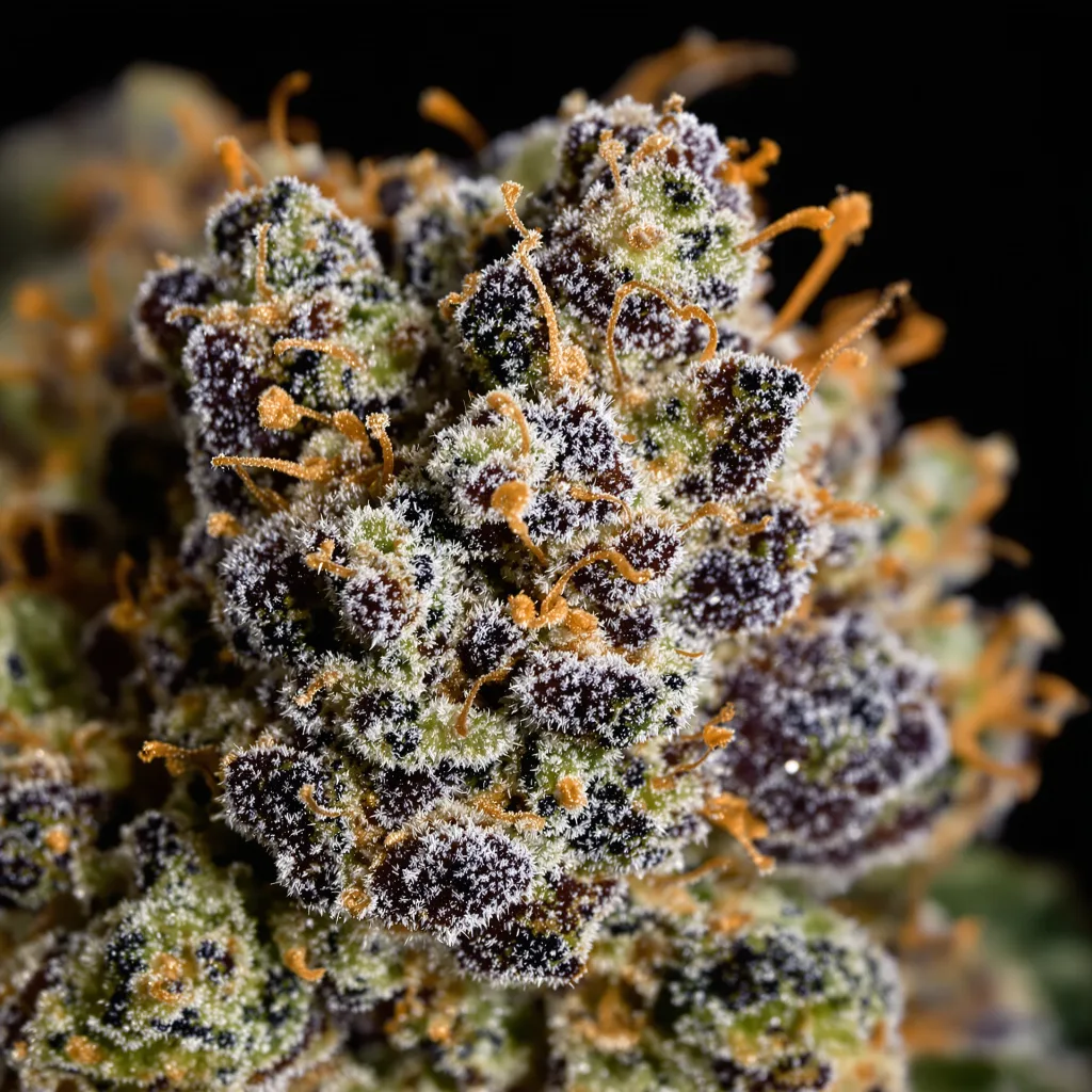 Gros plan de fleur de cannabis Black Tuna montrant calices denses aux reflets violets
