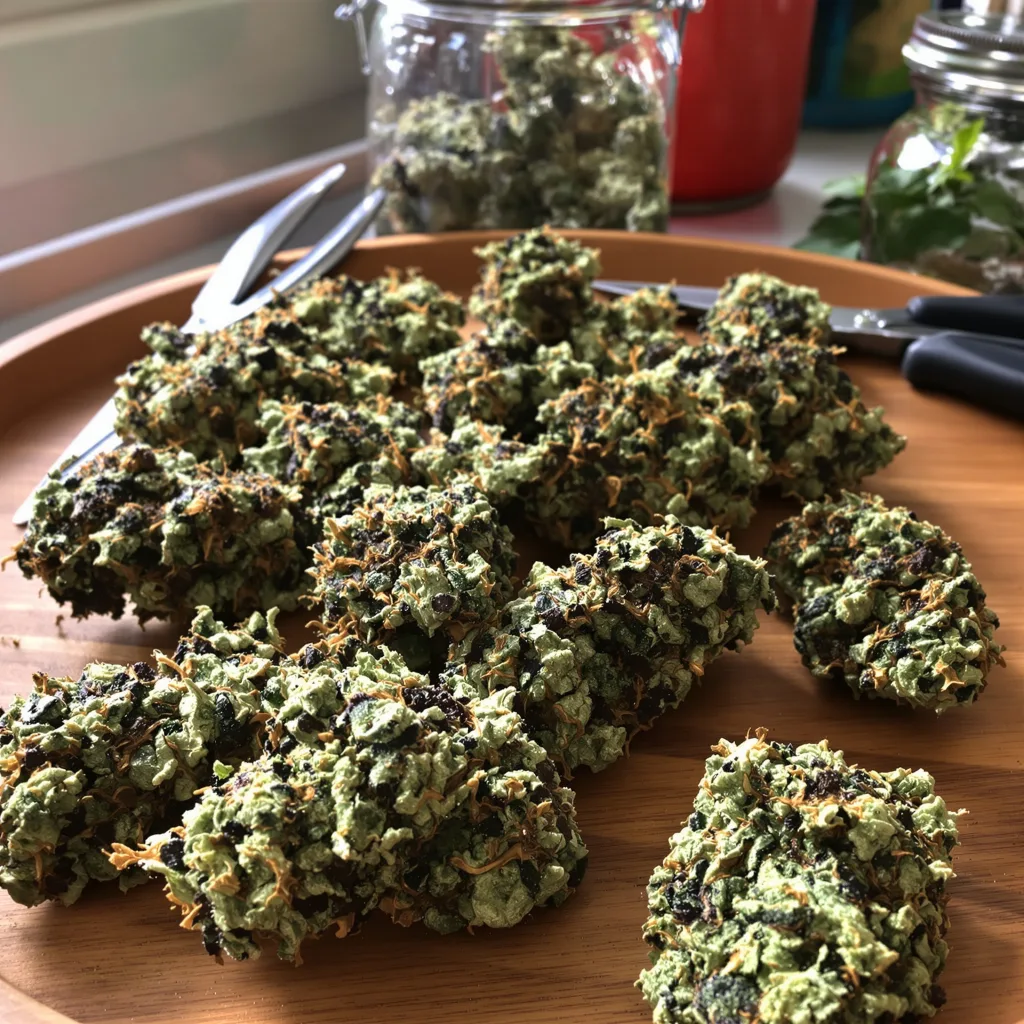 Black Water Purple OG Cheese 66% indica / 34% sativa — fleur avec trichomes visibles