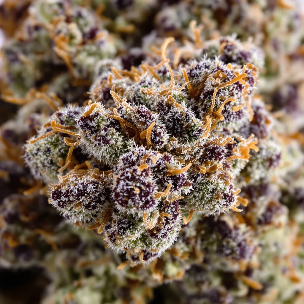 Gros plan de fleur de cannabis Black Water Purple OG Cheese montrant calices denses aux reflets violets