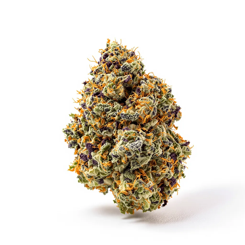 Black Water Purple OG Cheese 66% indica / 34% sativa — fleur avec trichomes visibles